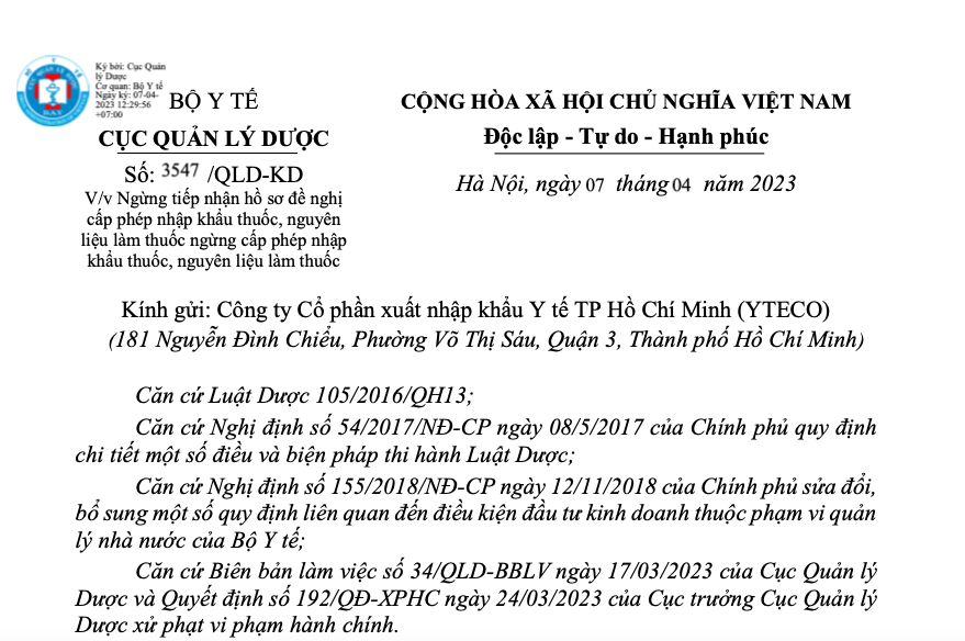 11 lô thuốc Myomethol của công ty YTECO vi phạm chất lượng