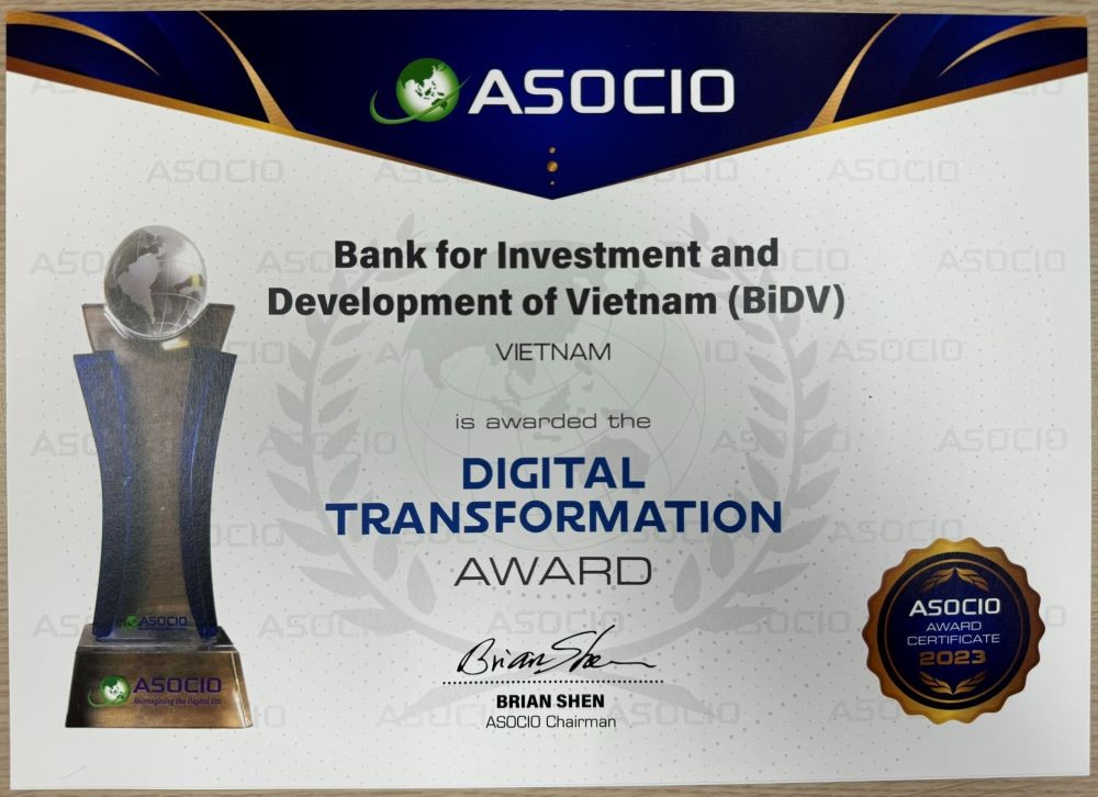 chứng nhận giải thưởng dành cho BIDV