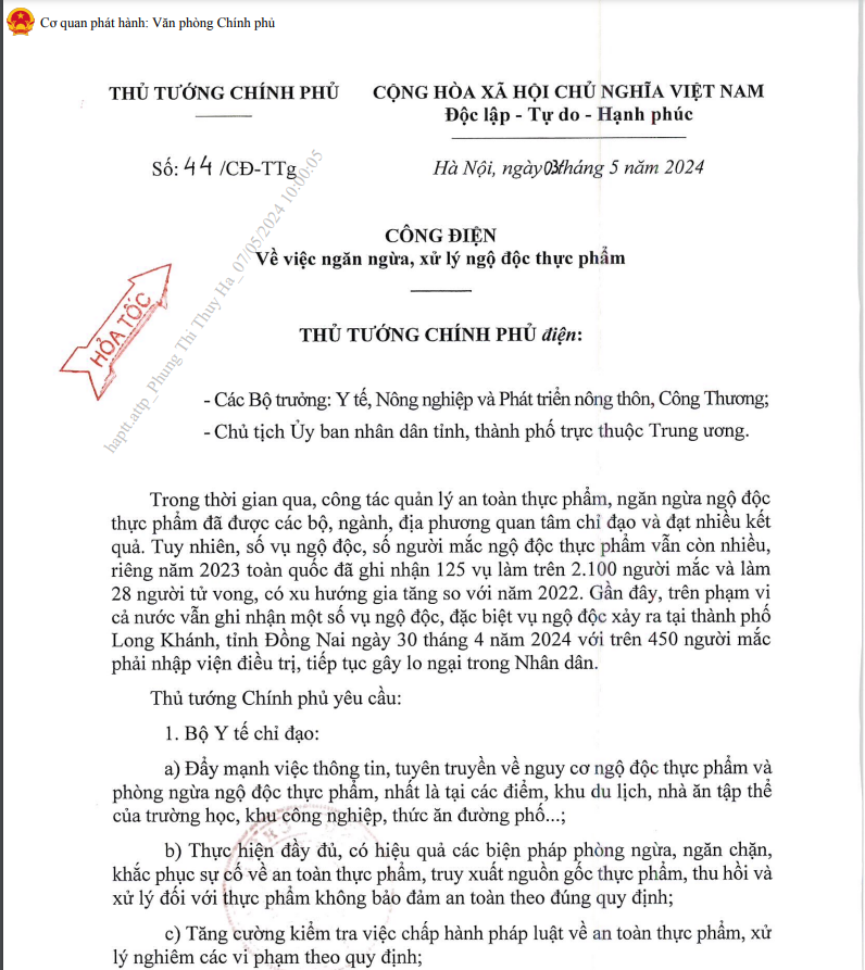 Công điện của Thủ tướng Chính phủ về việc ngăn ngừa, xử lý ngộ độc thực phẩm