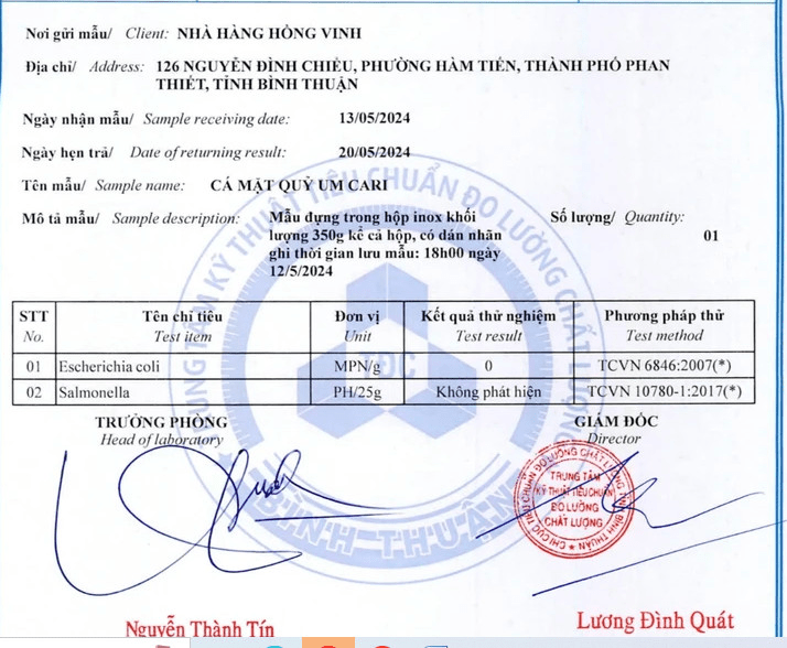 Kết quả mẫu kiểm nghiệm thức ăn mà nhà hàng Hồng Vinh gửi