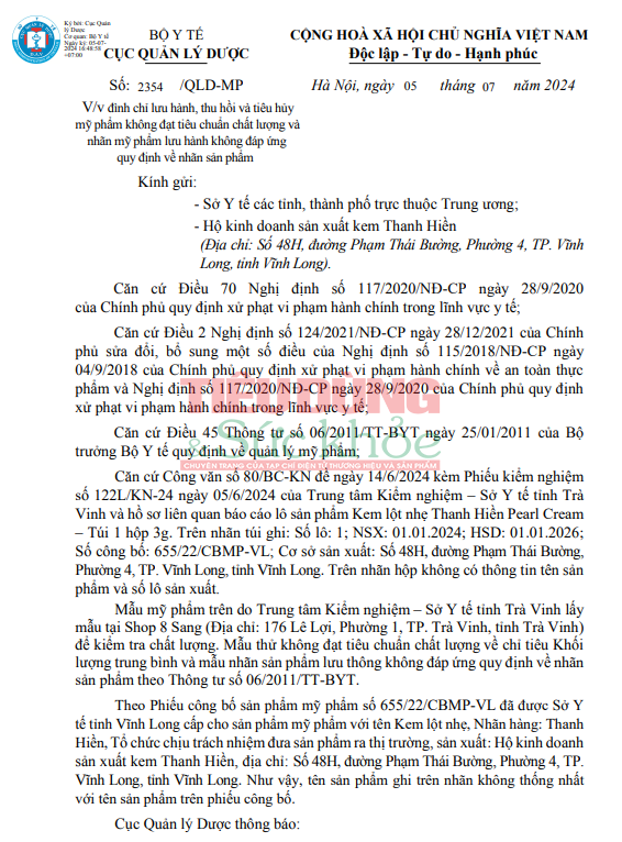 Thu hồi, tiêu hủy mỹ phẩm không đạt tiêu chuẩn chất lượng và nhãn mỹ phẩm của hộ kinh doanh sản xuất kem Thanh Hiền