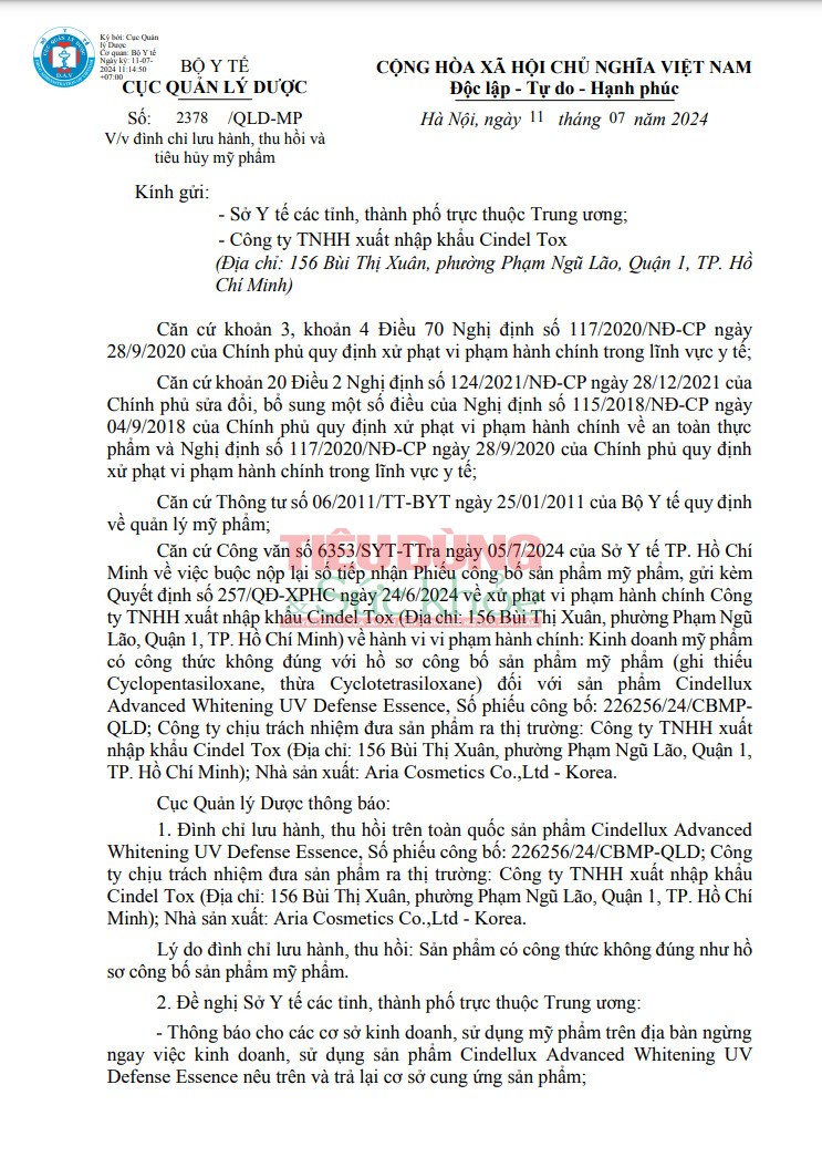 Vì sao tinh chất chống nắng của Công ty TNHH xuất nhập khẩu Cindel Tox bị đình chỉ lưu hành, thu hồi trên toàn quốc?