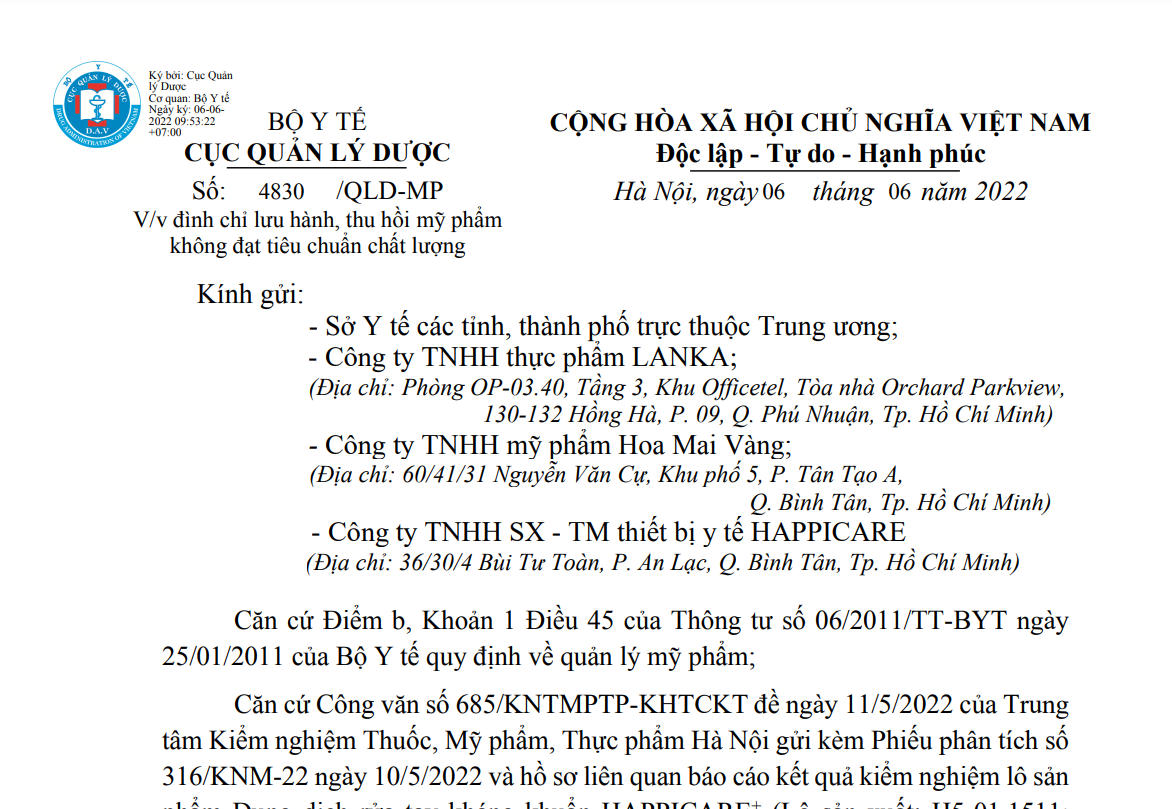 Thu hồi sản phẩm Dung dịch rửa tay kháng khuẩn HAPPICARE+