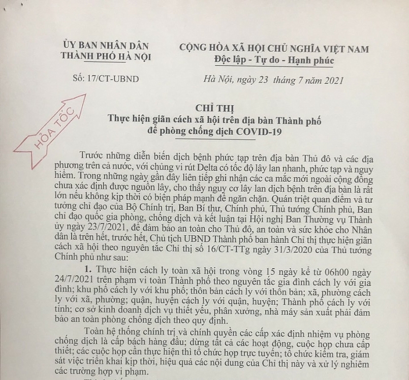 Hà Nội: Giãn cách toàn xã hội kể từ 6 giờ ngày 24/7/2021