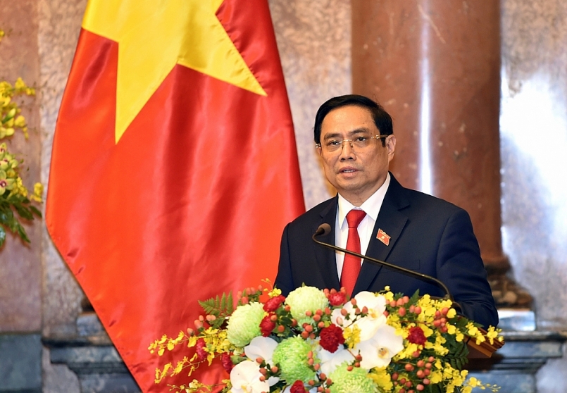 Thủ tướng Chính phủ Phạm Minh Chính phát biểu tại Lễ công bố thành viên Chính phủ nhiệm kỳ Quốc hội khóa XV, chiều ngày 28/7. Ảnh: VGP